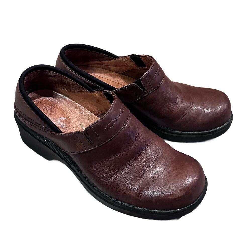 Ariat Brown‎ Leather Slip On Clogs Mule Shoes Size 8B (clo)